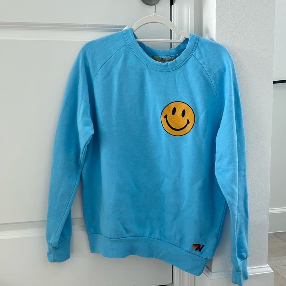 Aviator nation smiley face blue crewneck